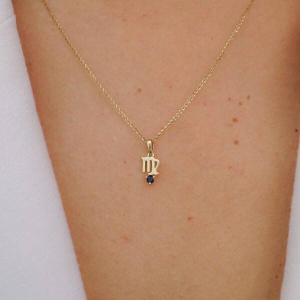 10k gold virgo pendant necklace: blue sapphire zodiac charm