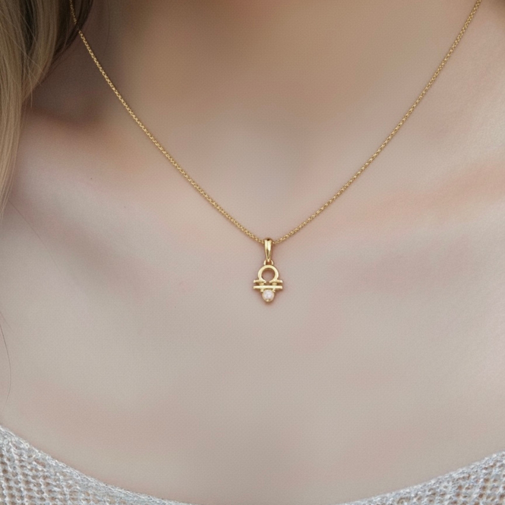 10k solid gold libra opal pendant necklace – au 417 scales zodiac design with natural opal, dainty october birthstone jewelry