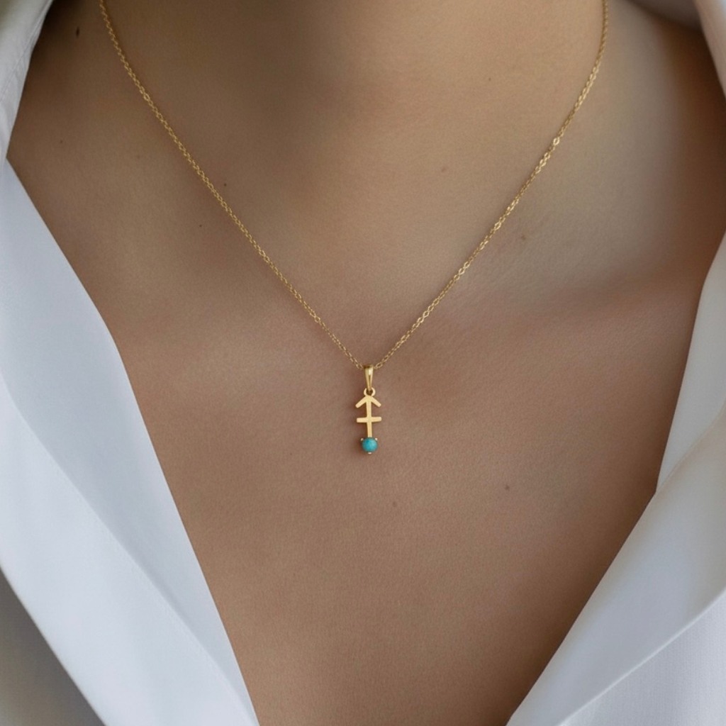10k solid gold sagittarius necklace – au 417 archer zodiac pendant with natural turquoise, december birthstone dainty gold jewelry