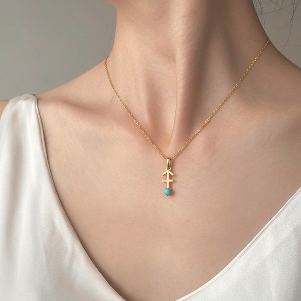 10k solid gold sagittarius necklace – au 417 archer zodiac pendant with natural turquoise, december birthstone dainty gold jewelry