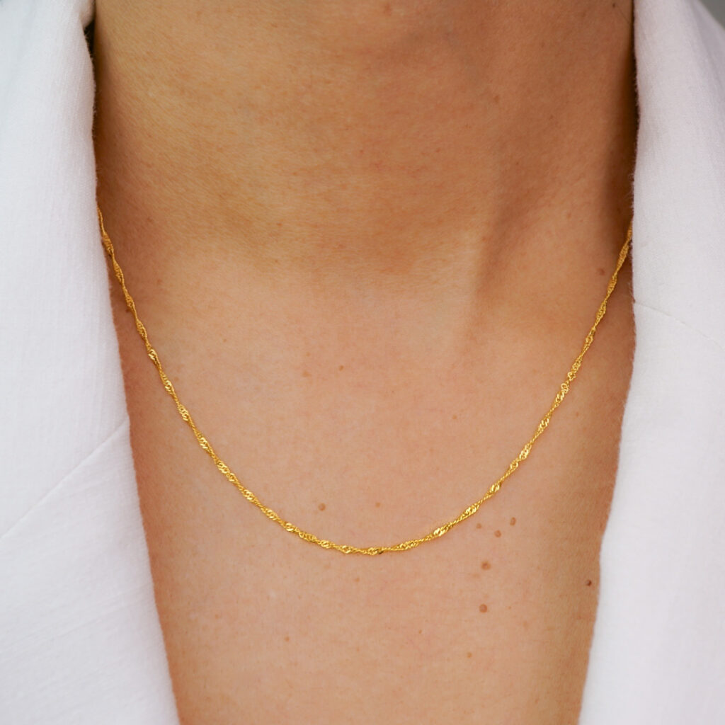 22K Solid Gold Singapore Chain Necklace: 16 Inch Au 965 Twisted Rope Chain