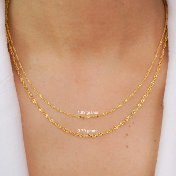 22k solid gold singapore chain necklace – au 965: 16 inch elegant twisted rope design, shimmer yellow gold dainty chain fine jewelry gift