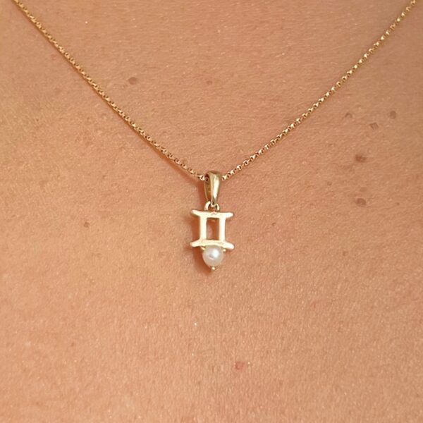 10k solid gold gemini pearl pendant necklace – au 417 zodiac twins sign, june birthstone natural pearl, minimalist fine jewelry gift