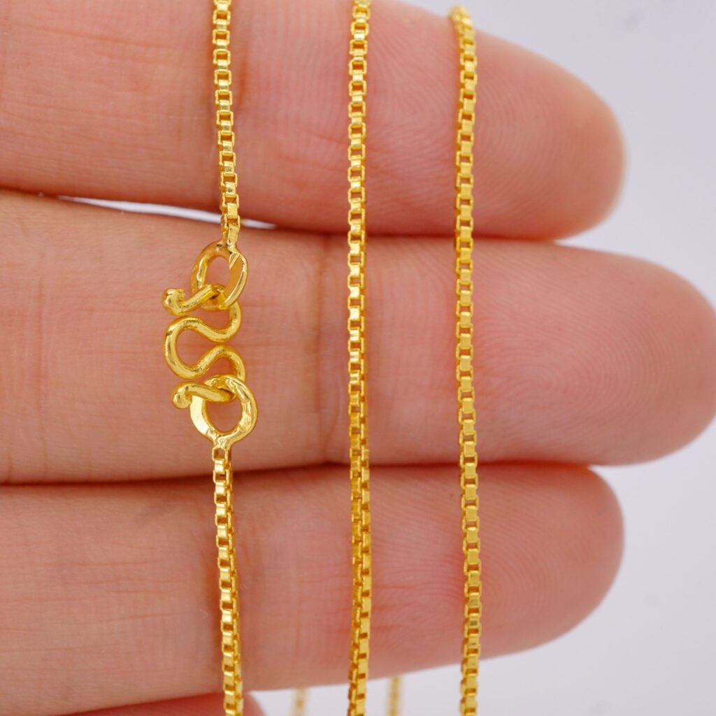 22k solid gold box chain necklace – au 965: 1mm dainty real gold chain, 17–18 inch minimalist necklace, fine jewelry gift for women