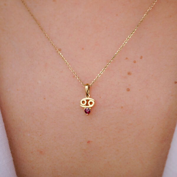 10k solid gold cancer zodiac pendant necklace: natural ruby charm