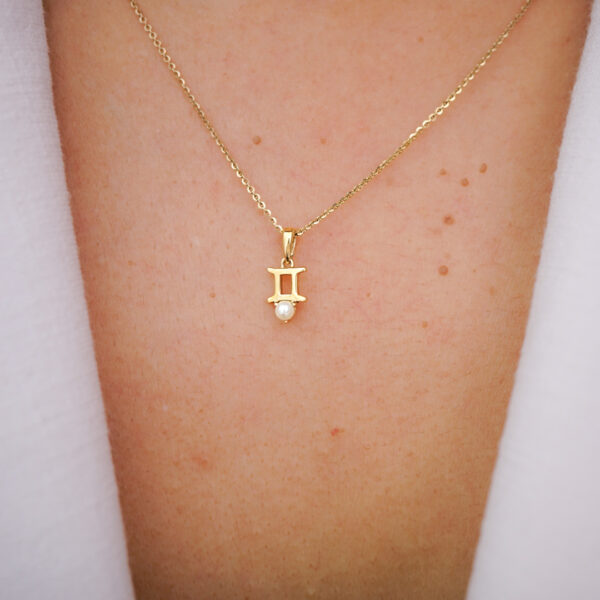 10k solid gold gemini pearl pendant necklace – au 417 zodiac twins sign, june birthstone natural pearl, minimalist fine jewelry gift