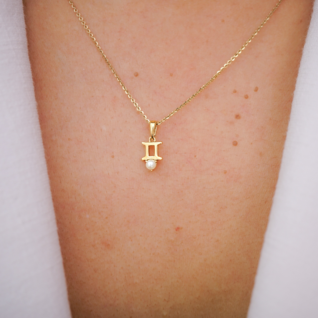 10k solid gold gemini pearl pendant necklace – au 417 zodiac twins sign, june birthstone natural pearl, minimalist fine jewelry gift