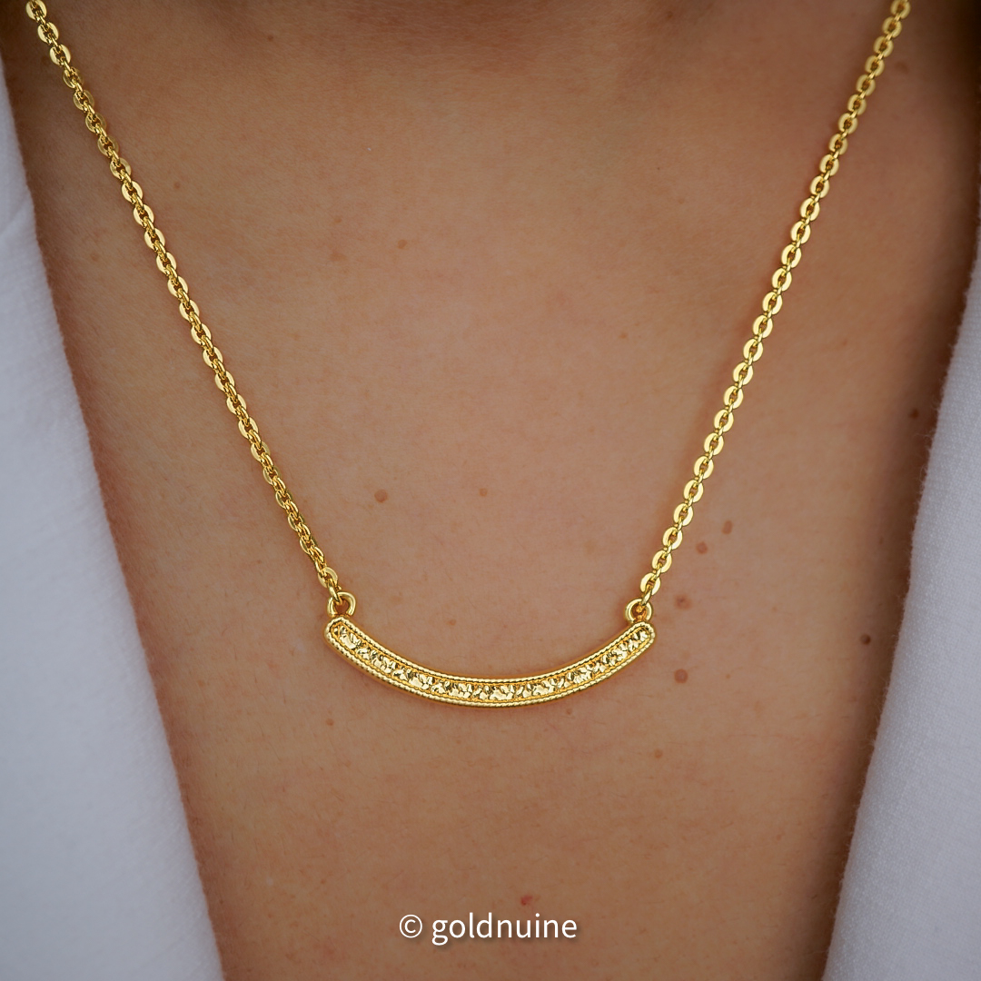 24k gold bar pendant necklace with 22k solid gold rolo chain: au 999 and au 965 17 inch pure gold modern jewelry for women