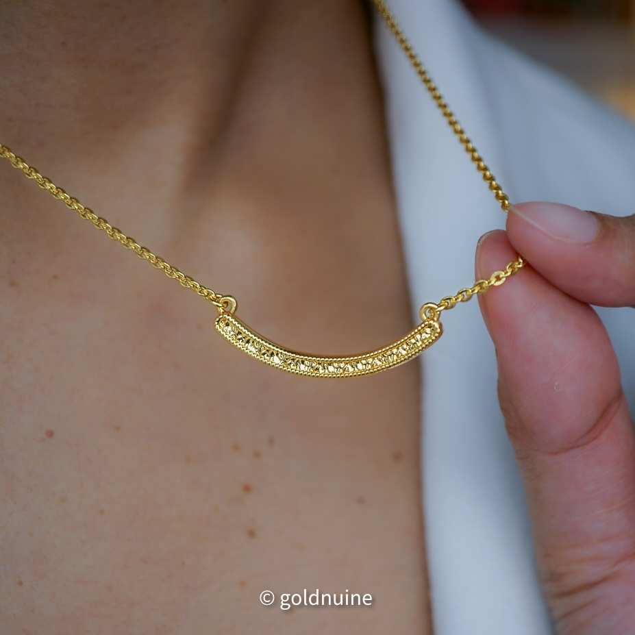 24k gold bar pendant necklace with 22k solid gold rolo chain: au 999 and au 965 17 inch pure gold modern jewelry for women