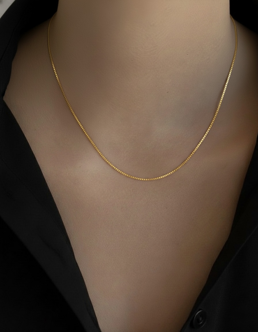 22k solid gold box chain necklace – au 965: 1mm dainty real gold chain, 17–18 inch minimalist necklace, fine jewelry gift for women
