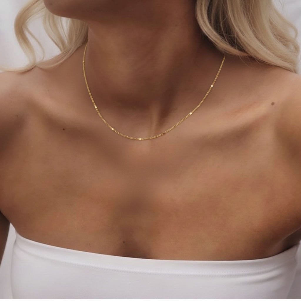 22k solid gold cloud curb chain necklace: 18 inch dainty gold necklace