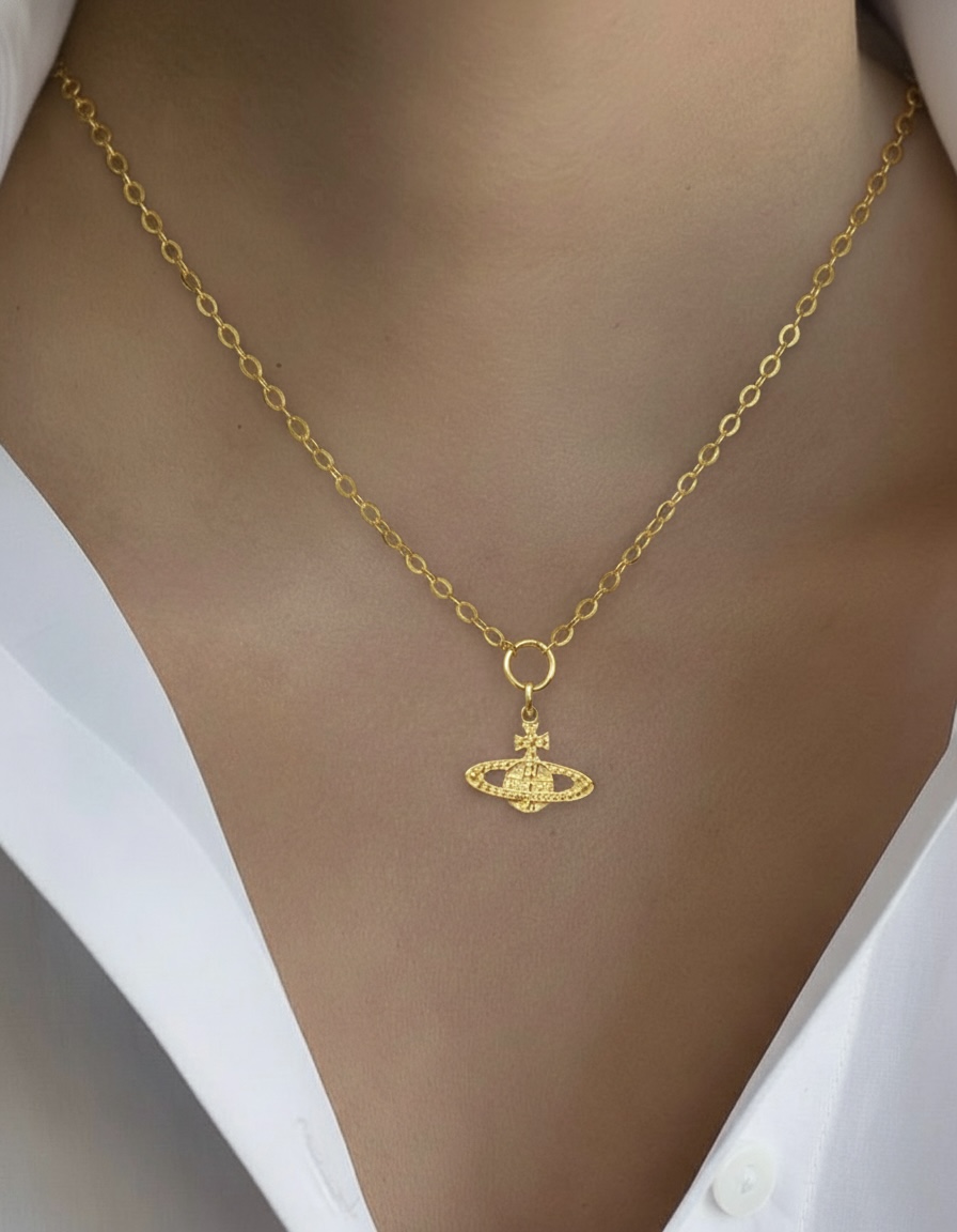 22K Solid Gold Saturn Pendant Necklace