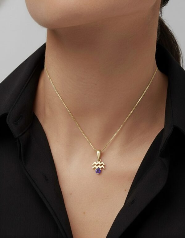 10k solid gold aquarius amethyst pendant – au 417 water bearer zodiac necklace with natural amethyst, february birthstone jewelry
