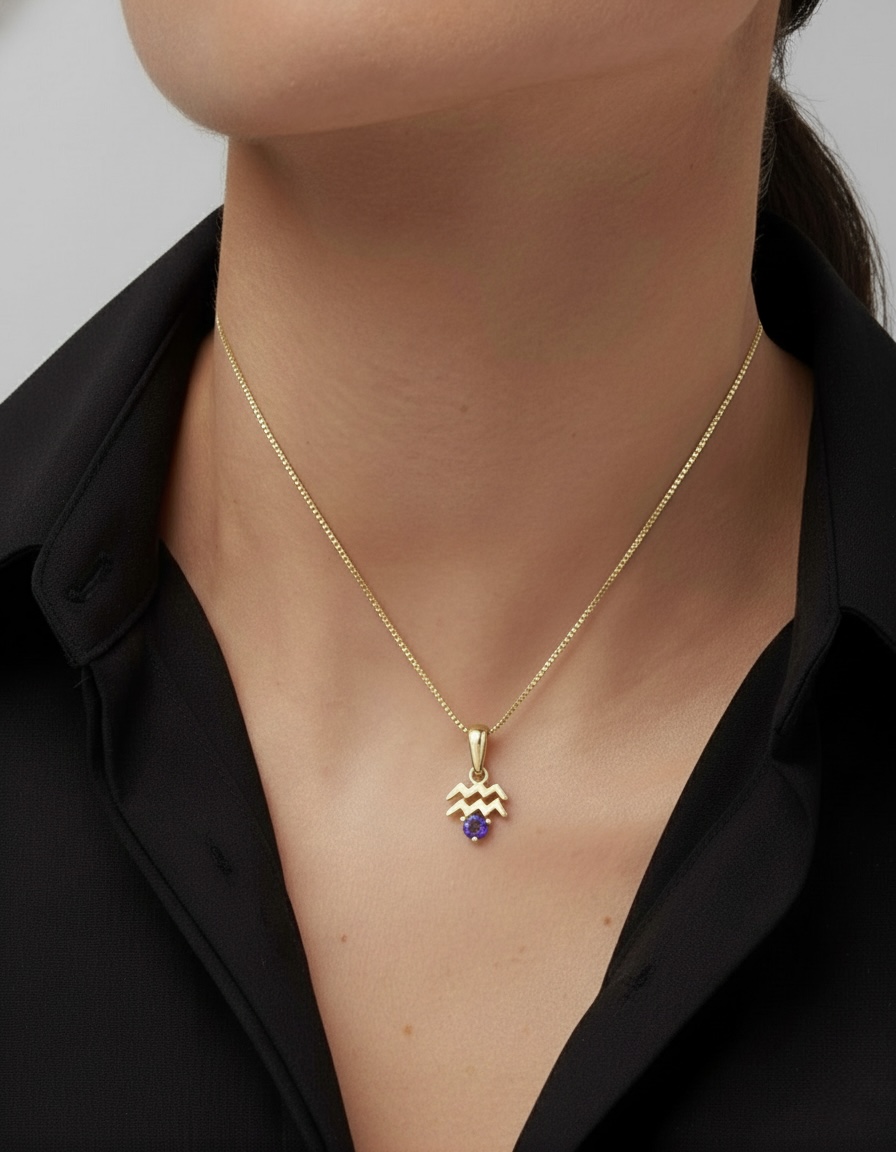 10k solid gold aquarius amethyst pendant – au 417 water bearer zodiac necklace with natural amethyst, february birthstone jewelry