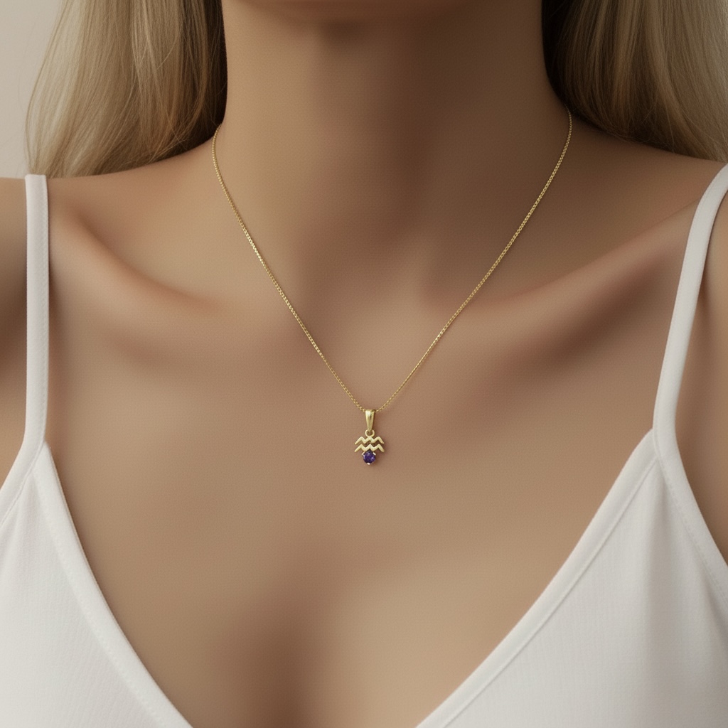 10k solid gold aquarius amethyst pendant – au 417 water bearer zodiac necklace with natural amethyst, february birthstone jewelry