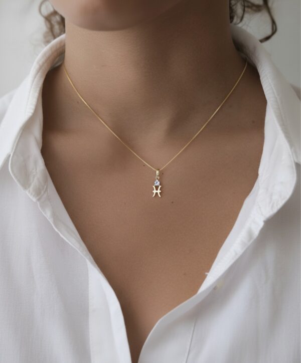 10k solid gold pisces aquamarine pendant – au 417 zodiac necklace with two fish design, natural aquamarine march birthstone jewelry