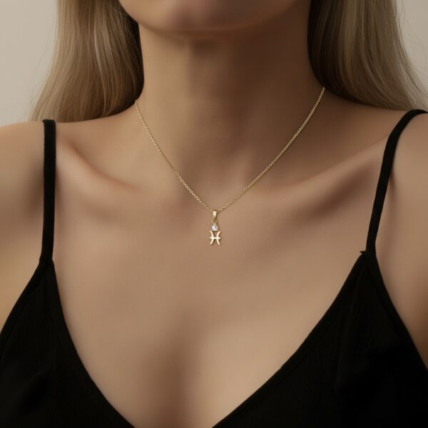 10k solid gold pisces aquamarine pendant – au 417 zodiac necklace with two fish design, natural aquamarine march birthstone jewelry