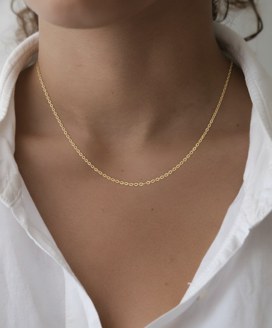 22k solid gold rolo chain necklace – au 965: 18 inch dainty real yellow gold necklace, minimalist fine jewelry gift for women