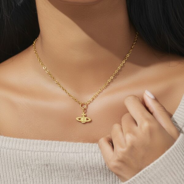 22k solid gold saturn pendant necklace: 16 inch celestial orbit design chain