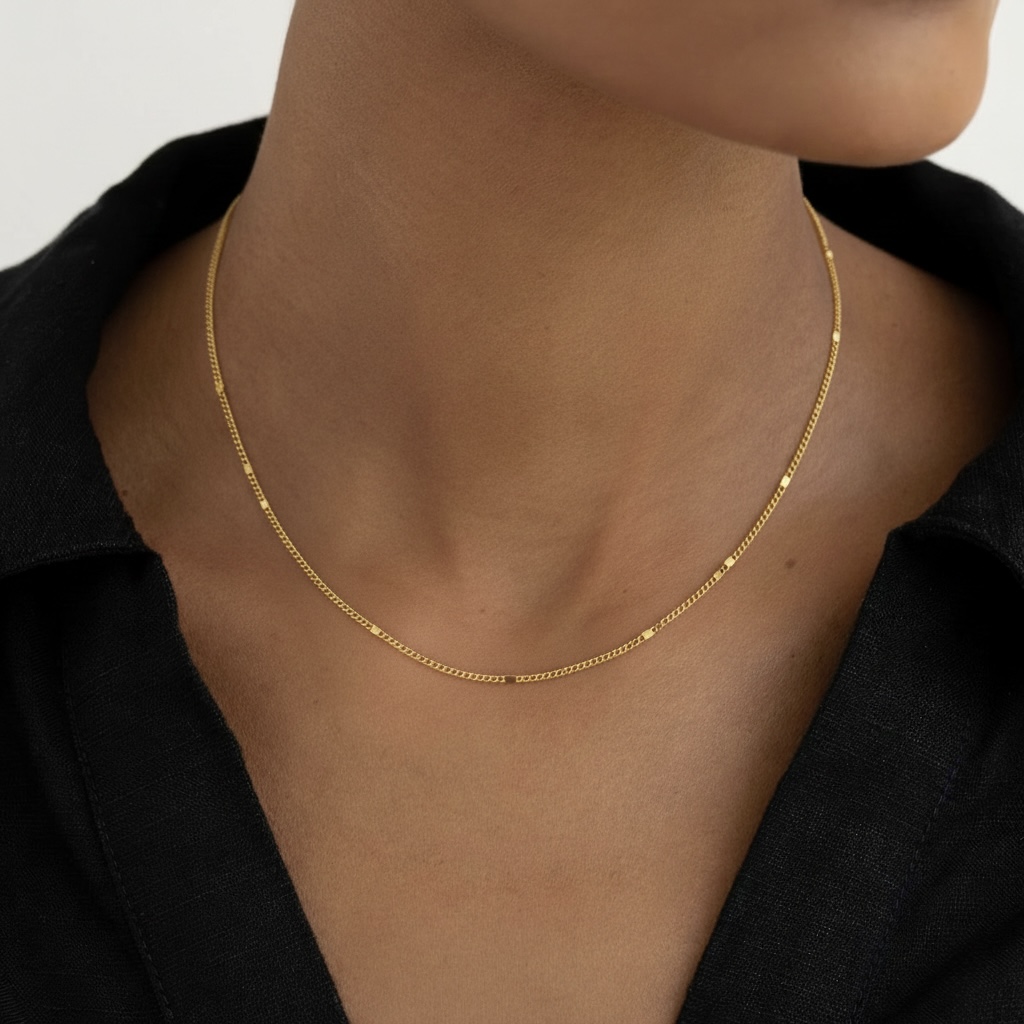 22k solid gold cloud curb chain necklace: 18 inch dainty gold necklace