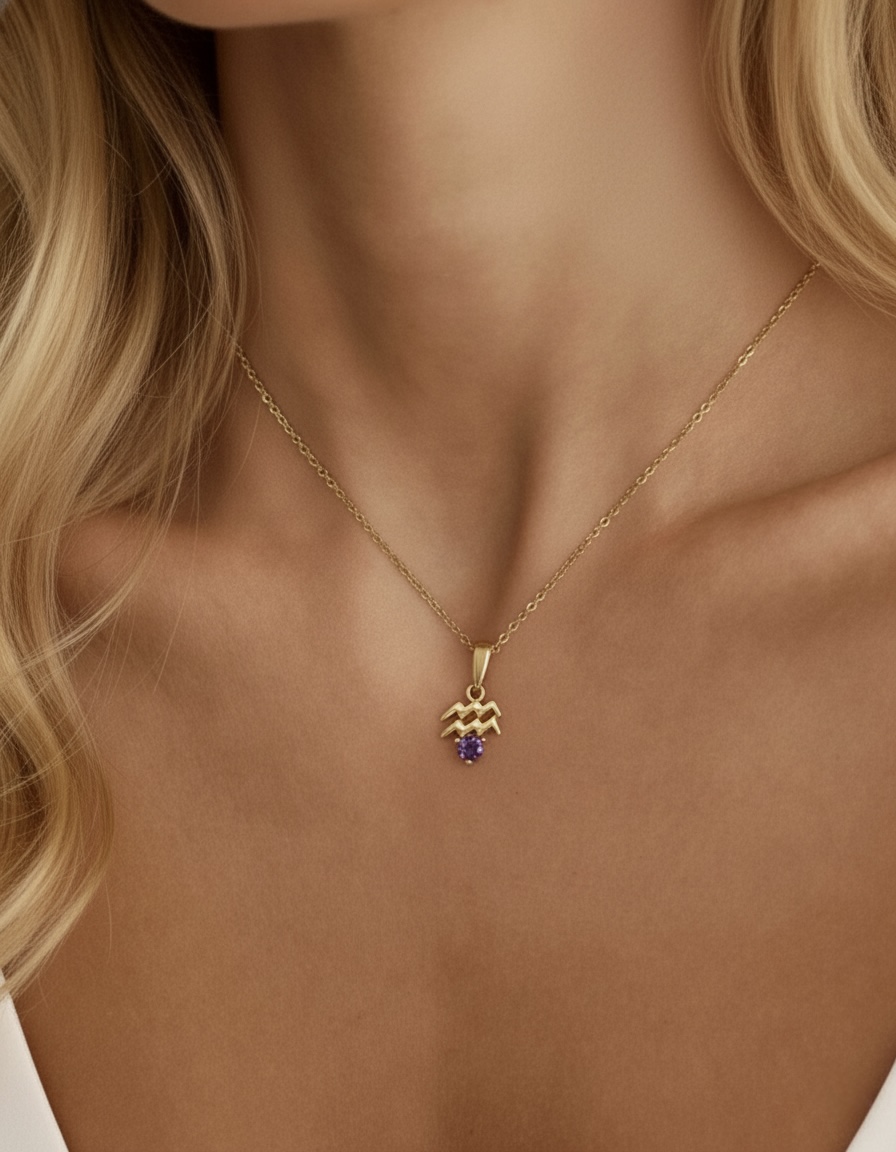 10k solid gold aquarius amethyst pendant – au 417 water bearer zodiac necklace with natural amethyst, february birthstone jewelry