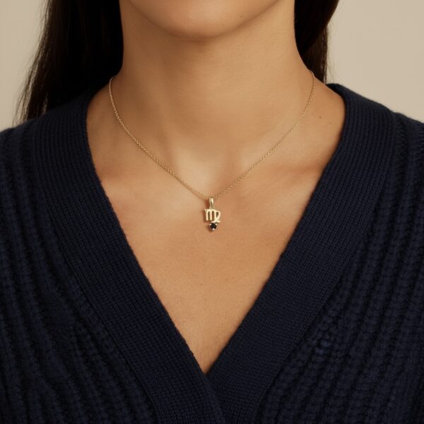 10k gold virgo pendant necklace: blue sapphire zodiac charm