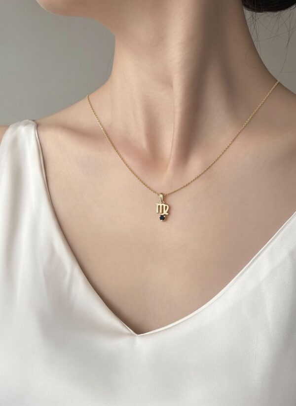 10k gold virgo pendant necklace: blue sapphire zodiac charm