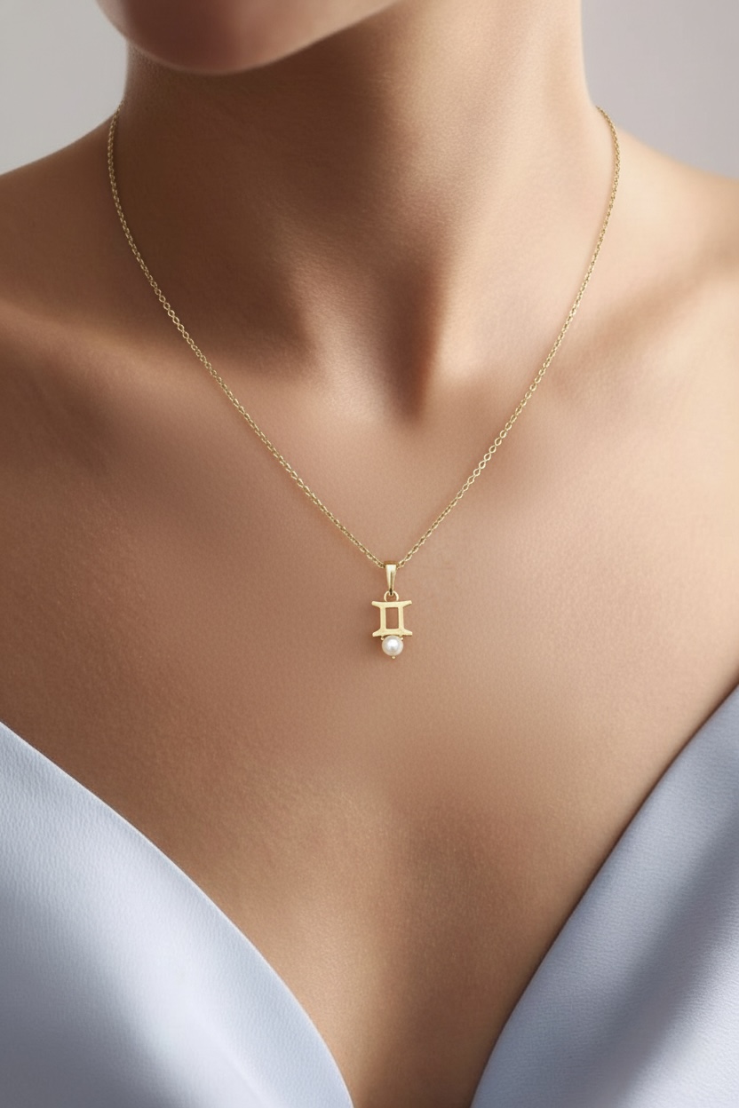 10k solid gold gemini pearl pendant necklace: au 417 zodiac twins sign