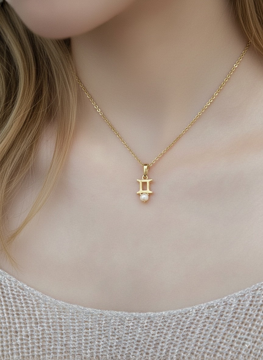 10k solid gold gemini pearl pendant necklace: au 417 zodiac twins sign