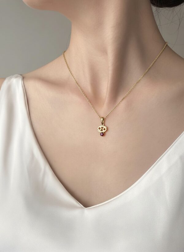 10k solid gold cancer zodiac pendant necklace: au 417 natural ruby charm