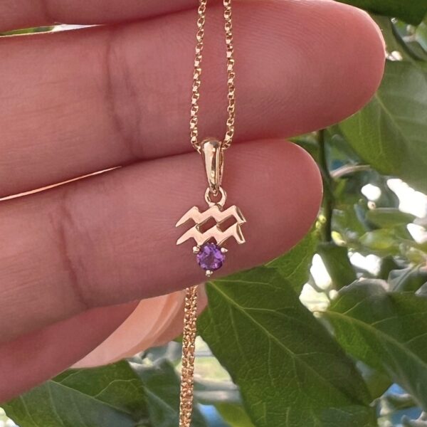 10k solid gold aquarius amethyst pendant – au 417 water bearer zodiac necklace with natural amethyst, february birthstone jewelry