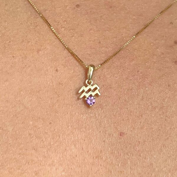 10k solid gold aquarius amethyst pendant – au 417 water bearer zodiac necklace with natural amethyst, february birthstone jewelry