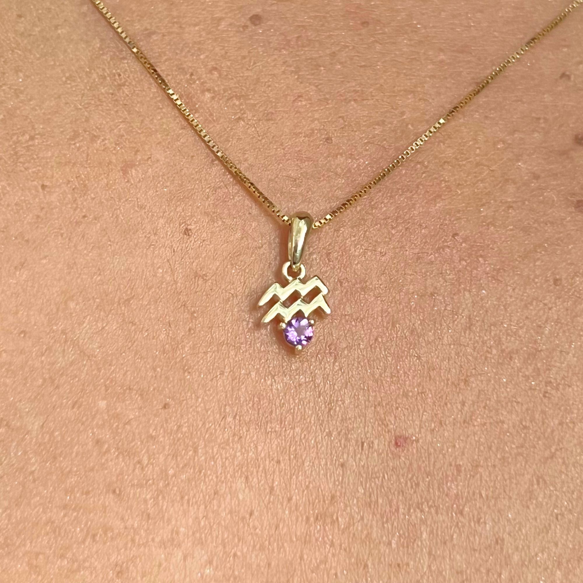 10k solid gold aquarius amethyst pendant – au 417 water bearer zodiac necklace with natural amethyst, february birthstone jewelry