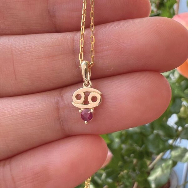 10k solid gold cancer zodiac pendant necklace: natural ruby charm