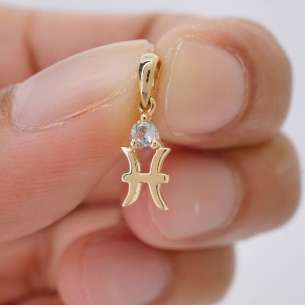 10k solid gold pisces aquamarine pendant – au 417 zodiac necklace with two fish design, natural aquamarine march birthstone jewelry