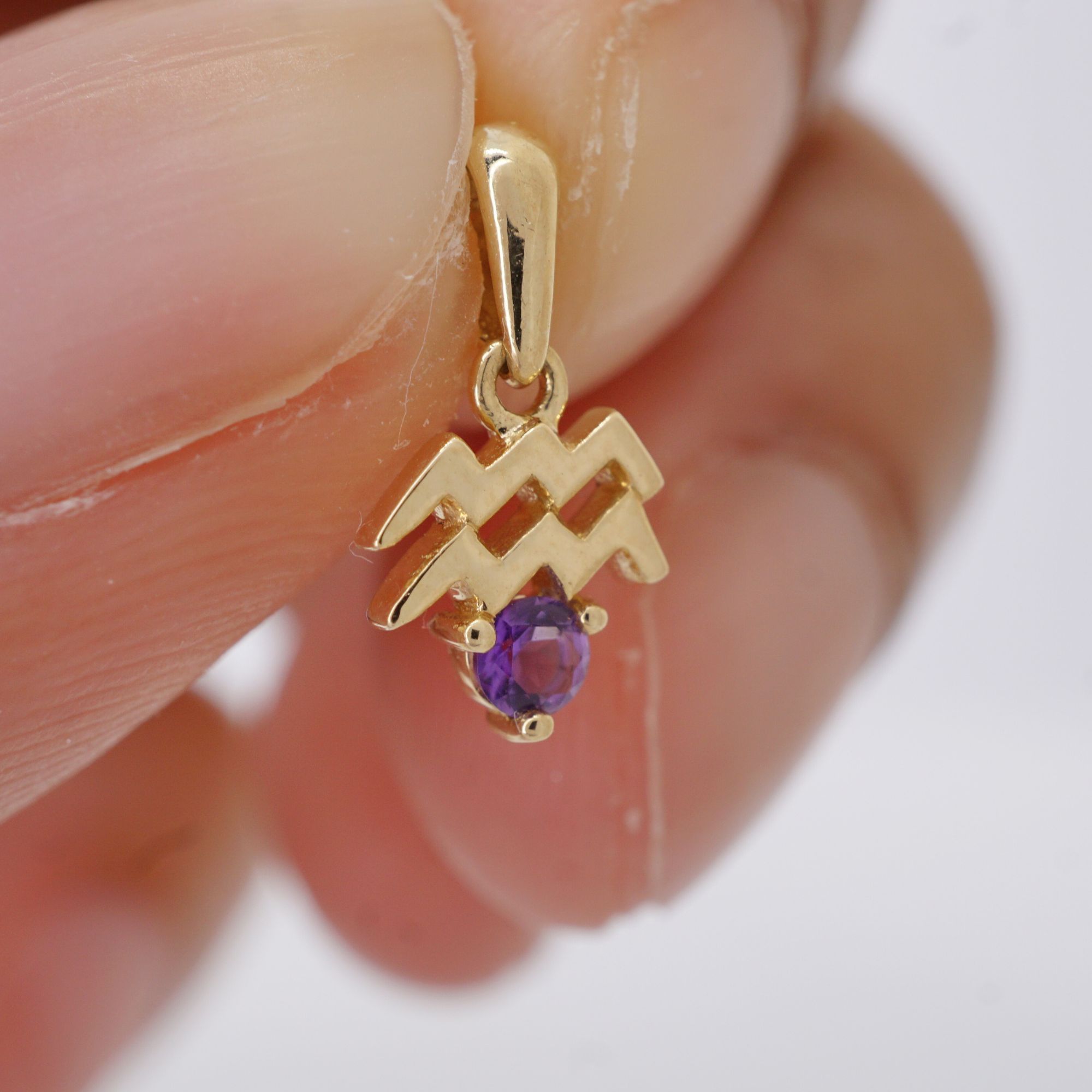 10k solid gold aquarius amethyst pendant – au 417 water bearer zodiac necklace with natural amethyst, february birthstone jewelry