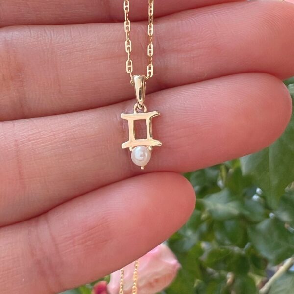 10k solid gold gemini pearl pendant necklace – au 417 zodiac twins sign, june birthstone natural pearl, minimalist fine jewelry gift