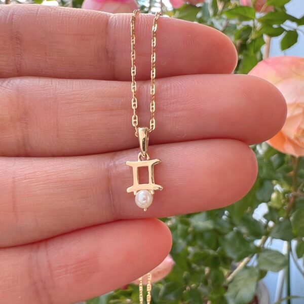 10k solid gold gemini pearl pendant necklace – au 417 zodiac twins sign, june birthstone natural pearl, minimalist fine jewelry gift