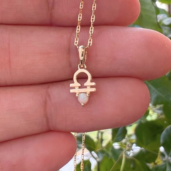 10k solid gold libra opal pendant necklace – au 417 scales zodiac design with natural opal, dainty october birthstone jewelry