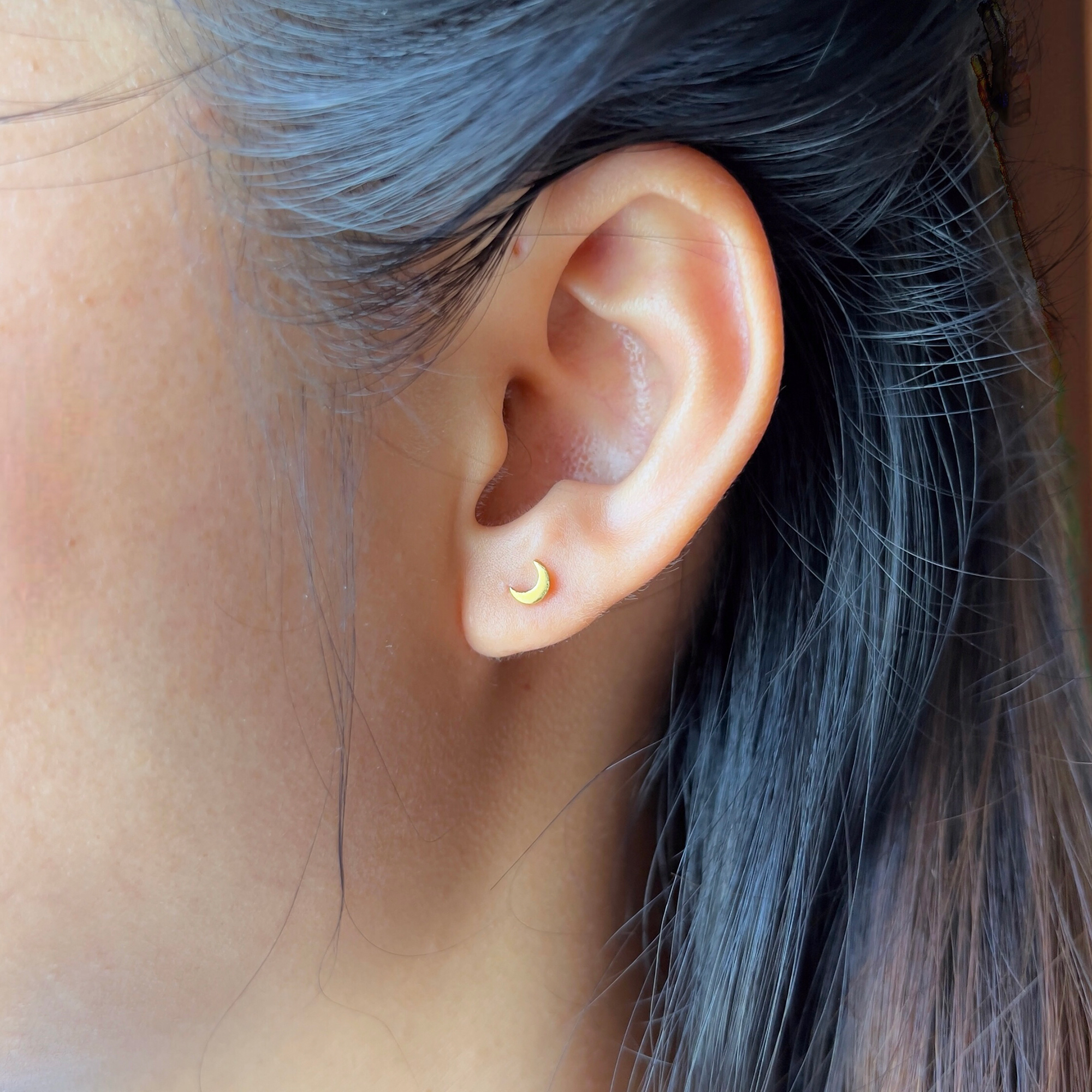 20k solid gold moon stud earrings: dainty celestial jewelry