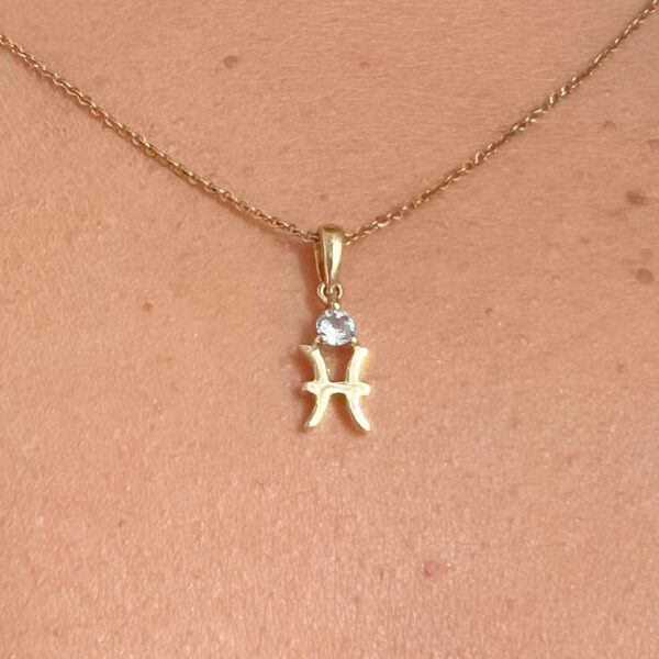 10k solid gold pisces aquamarine pendant – au 417 zodiac necklace with two fish design, natural aquamarine march birthstone jewelry