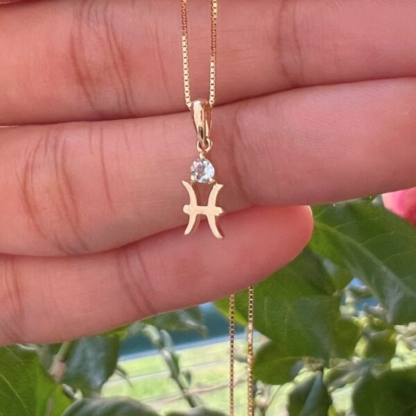 10k solid gold pisces aquamarine pendant – au 417 zodiac necklace with two fish design, natural aquamarine march birthstone jewelry