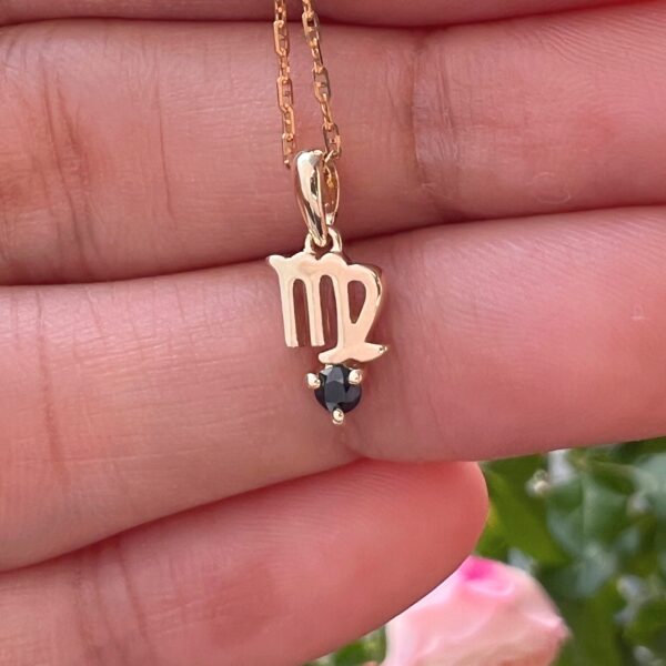 10k gold virgo pendant necklace: blue sapphire zodiac charm