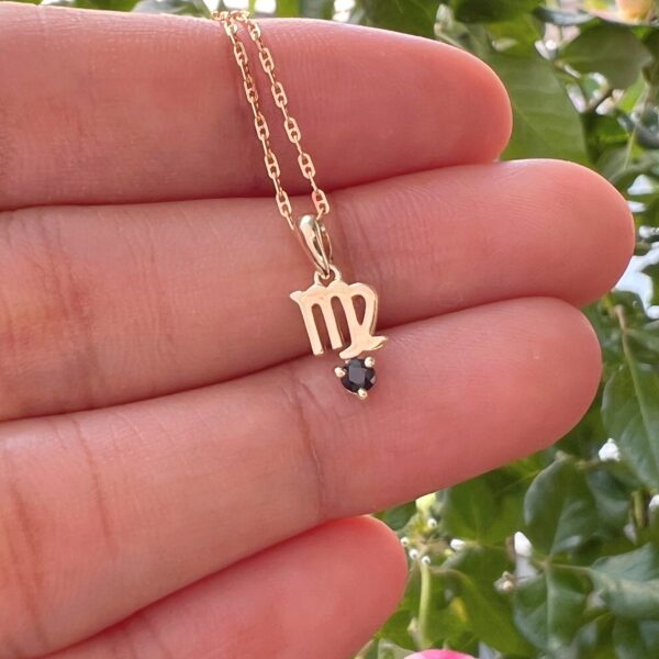 10k gold virgo pendant necklace: blue sapphire zodiac charm