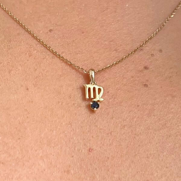 10k gold virgo pendant necklace: blue sapphire zodiac charm
