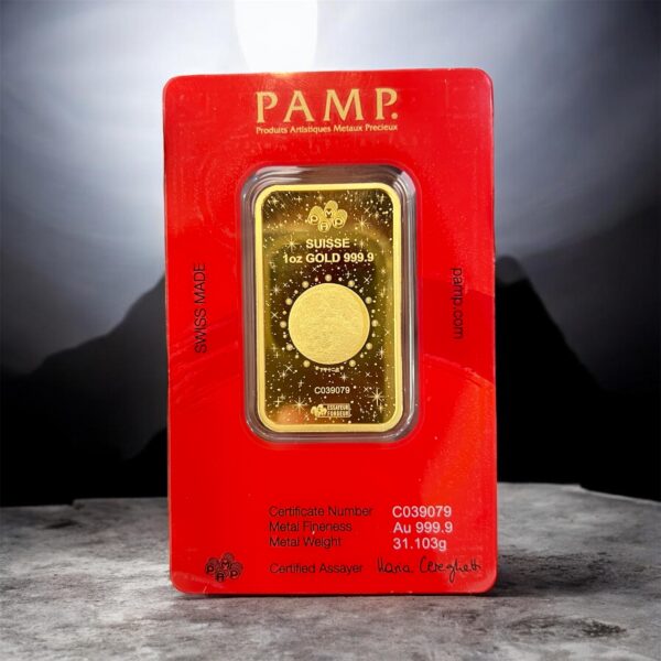 Buy 1 oz PAMP Suisse Year of the Horse gold bar in 24K Au 999.9 fine gold. Lunar Legend Series, CertiPAMP certified, Swiss made, trusted by collectors worldwide.