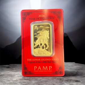 Buy 1 oz PAMP Suisse Year of the Horse gold bar in 24K Au 999.9 fine gold. Lunar Legend Series, CertiPAMP certified, Swiss made, trusted by collectors worldwide.