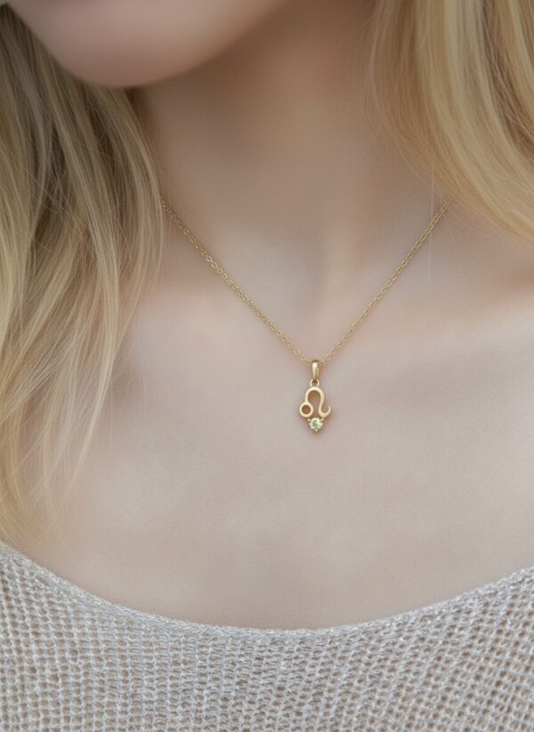 10K solid gold Leo pendant necklace with natural peridot. Genuine Au 417 zodiac jewelry symbolizing strength, confidence, and prosperity. Premium gift ready.
